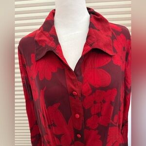 CABi size Large mesh Red Floral Long Sleeve Shirt Dress